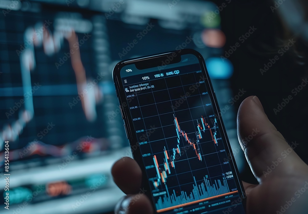 Trader analyzing stock market data using mobile smart phone, with ...