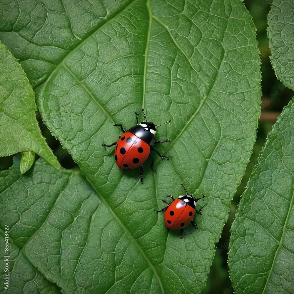 A cute ladybug close up on a green leaf, 3d cartoon style.