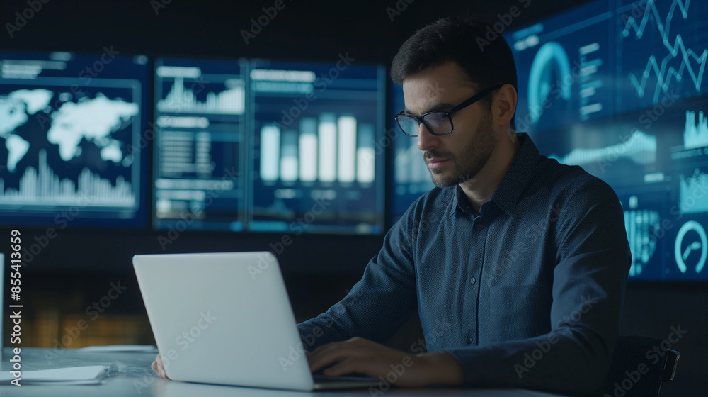 portrait of a Web Analytics Developer working in modern office, tech worker portrait portrait of a Web Analytics Developer working in modern office, tech worker portrait
