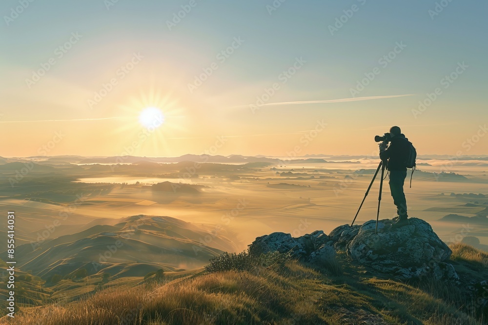A serene scene of a photographer capturing landscape images at sunrise, top view, illustrating artistic imaging, robotic tone, vivid colors