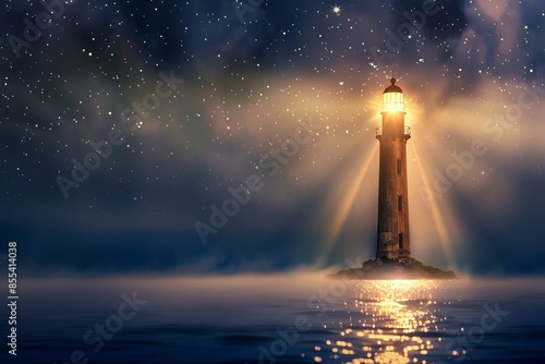 A powerful beam of light emanating from a lighthouse, front view, guiding ships at night, futuristic tone, Complementary Color Scheme