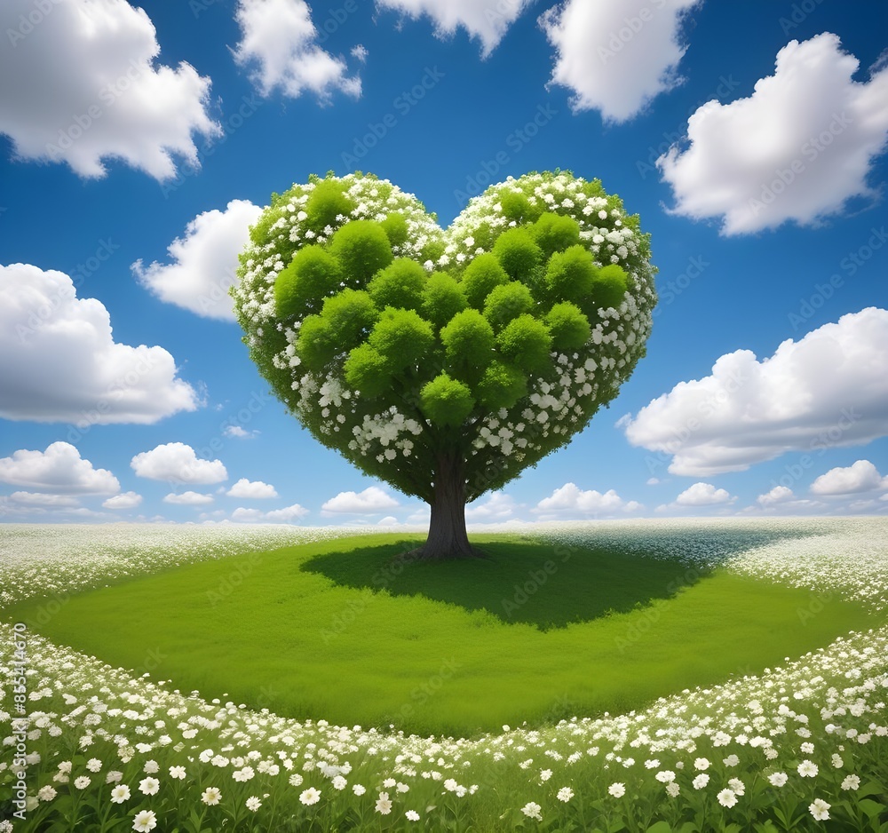 An isolated heart-shaped green tree in a field of white flowers under a blue sky with fluffy clouds valentine background An isolated heart-shaped green tree in a field of white flowers under a blue sky with fluffy clouds valentine background