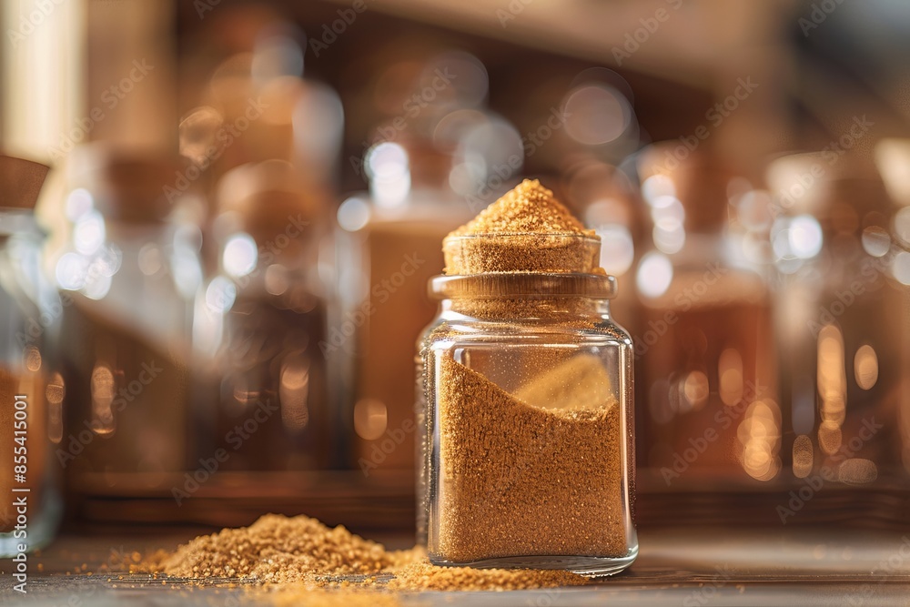 MSG powder in a clear glass jar, focus on the jar and contents, seasoning theme, ethereal, blend mode, spice rack backdrop MSG powder in a clear glass jar, focus on the jar and contents, seasoning theme, ethereal, blend mode, spice rack backdrop
