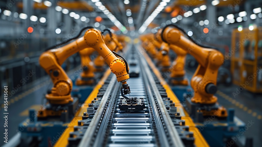 Robotic arms operating on an assembly line in a modern factory.