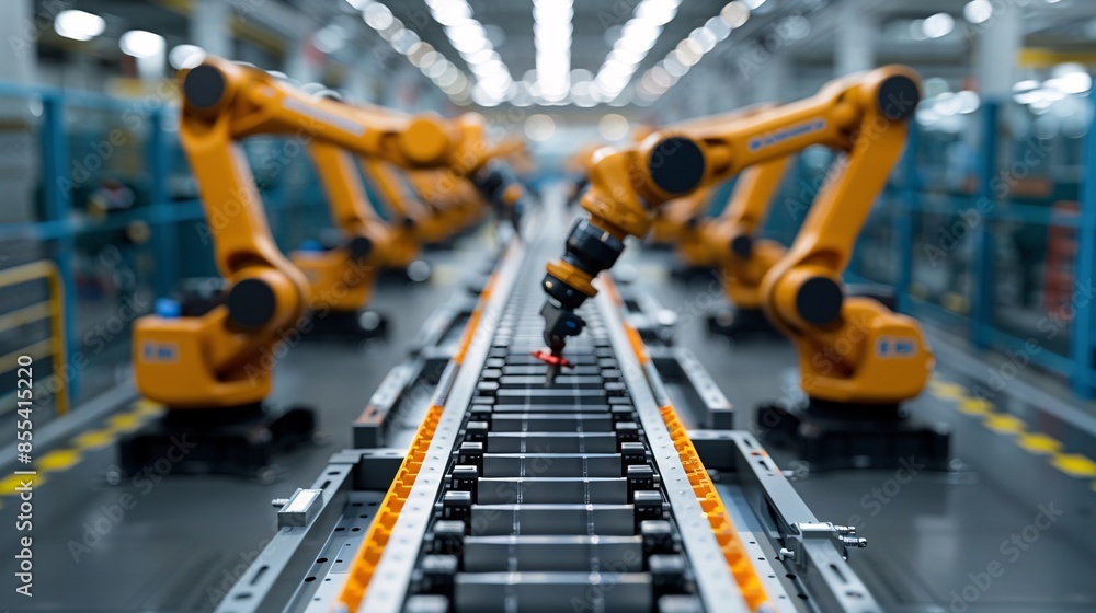 Robotic arms operating on an assembly line in a modern factory. Stock ...