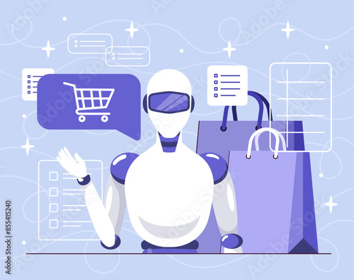 AI in marketing. Cyborg near shopping bags. Virtual helper and assistant. Artificial intelligence engaged in commercial promotion and advertising. AI based targeting. Cartoon flat vector illustration