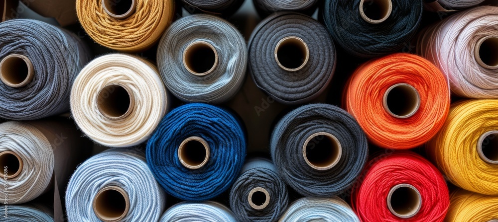Fototapeta premium Vibrant yarn rolls creating a colorful background display of assorted threads and fibers