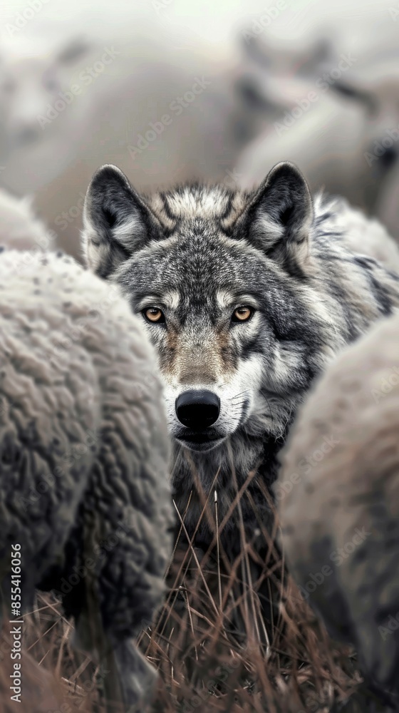 Fototapeta premium Wolf disguised among sheep in a meadow