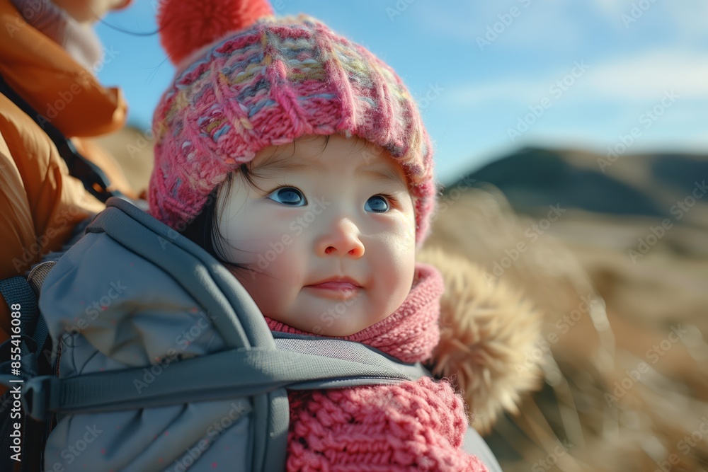 A cute baby, warmly dressed in a pink knit hat and matching scarf, gazes curiously at the surroundings while being carried in a baby carrier during an outdoor adventure. A cute baby, warmly dressed in a pink knit hat and matching scarf, gazes curiously at the surroundings while being carried in a baby carrier during an outdoor adventure.