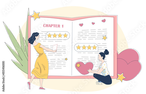 Book review concept. Two women sitting near textbook. Analysis and evaluation of publications or literature ratings. Critics opinion about novel. Love for reading. Linear flat vector illustration