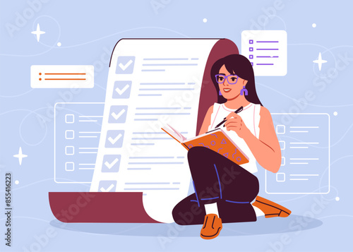 Business planning. Young girl with list of tasks and goals. Scheduling and time management. Motivation and leadership. Businesswoman with deadline settings. Cartoon flat vector illustration