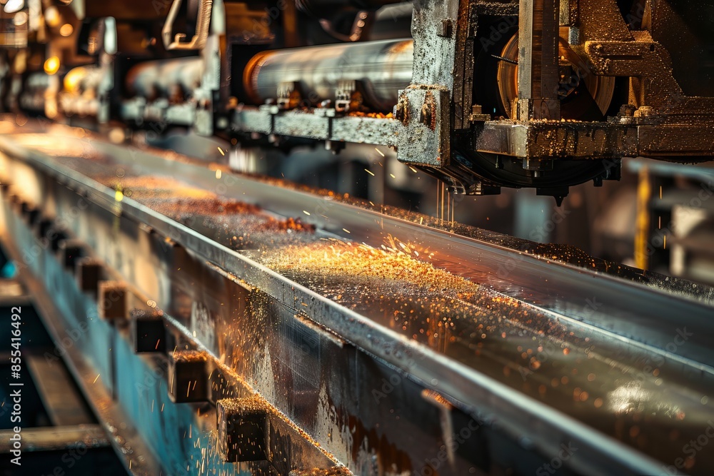 Advanced machinery cutting hot rolled steel beams, side view, showcasing precision engineering, scifi tone, splitcomplementary color scheme Advanced machinery cutting hot rolled steel beams, side view, showcasing precision engineering, scifi tone, splitcomplementary color scheme