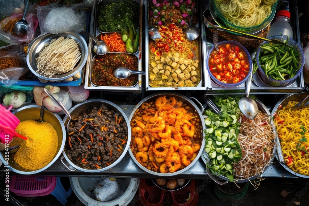 a woman is serving food from a tray, Capture the details of colorful street food a woman is serving food from a tray, Capture the details of colorful street food