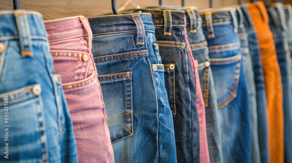 Assorted Denim Bottoms Displayed Among Contemporary Attire in a Retail Store Assorted Denim Bottoms Displayed Among Contemporary Attire in a Retail Store