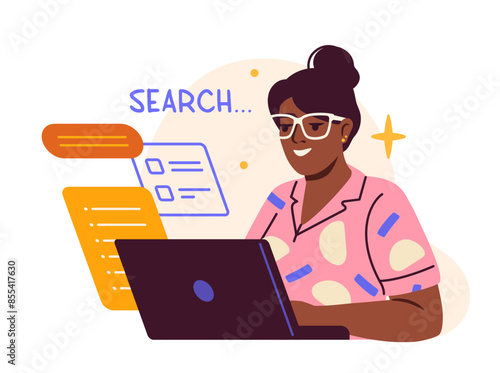 Student receives education concept. Woman with laptop search information. Girl prepare to test or examination. Learning and training. Flat vector illustration isolated on white background