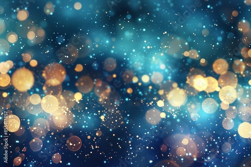 Abstract blue and cyan light burst on dark background with golden sparkling magical elements