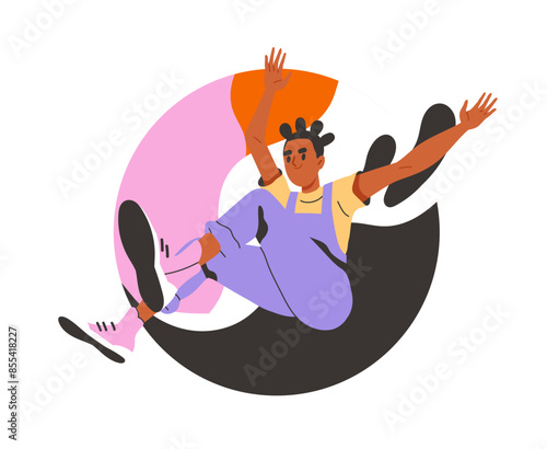 Energetic happy young person. Woman jump near abstract pink and black spots. Active lifestyle and sports. Poster or banner for website. Cartoon flat vector illustration isolated on white background