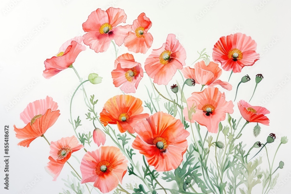 a painting of red poppies on a white background, Craft a whimsical watercolor bunch of wild poppies a painting of red poppies on a white background, Craft a whimsical watercolor bunch of wild poppies