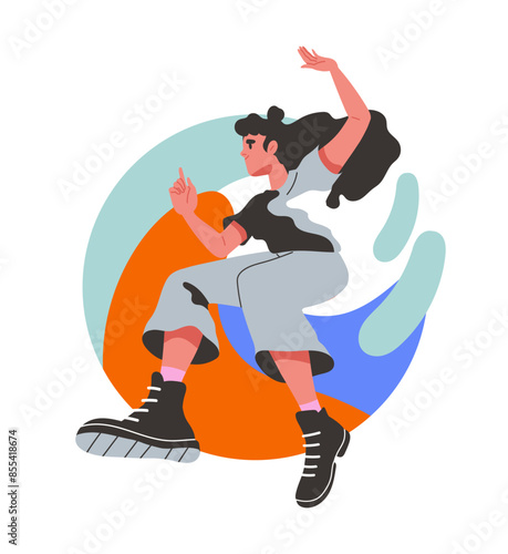 Energetic happy young person. Woman in casual clothes jump near abstract spots. Active lifestyle and sports. Trendy character. Cartoon flat vector illustration isolated on white background