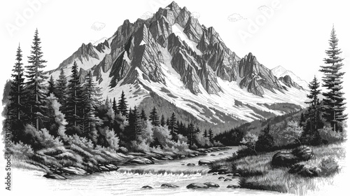 Black and white mountain landscape, pencil sketch, detailed mountain view, scenic valley, flowing river, nature illustration, artistic drawing, majestic peaks, forested mountains, hand-drawn scenery