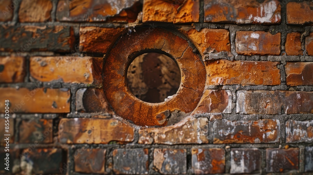 Close up of a circular hole drilled in a brown brick wall depicting a concept of construction repair and renovation Close up of a circular hole drilled in a brown brick wall depicting a concept of construction repair and renovation