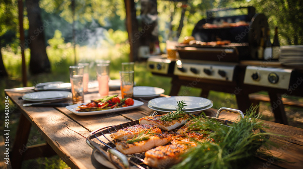 A rustic outdoor setting with a grill cooking fresh fish, surrounded by nature A rustic outdoor setting with a grill cooking fresh fish, surrounded by nature