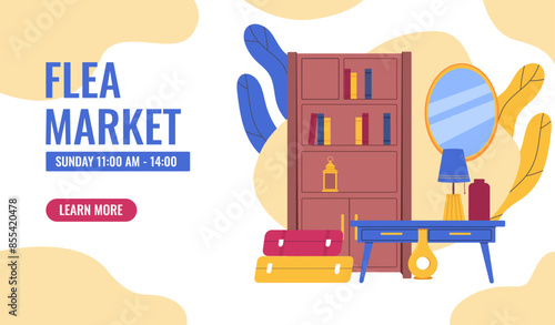 Flea market poster. Cheap items and things, second hand retail and commerce. Store or shop for neighborhoods. Landing webpage design. Advertising and marketing. Cartoon flat vector illustration