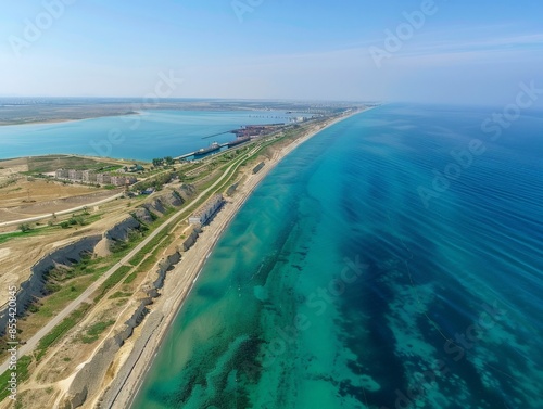 Aerial view of the Turkmenbashi with its Caspian Sea coastline and port facilities in Turkmenistan   © mozzang