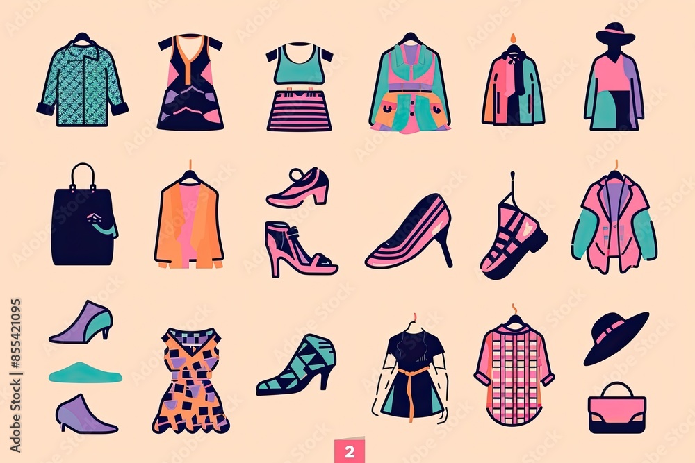 a set of women's clothing and accessories, Design a set of vector icons representing modern fashion a set of women's clothing and accessories, Design a set of vector icons representing modern fashion