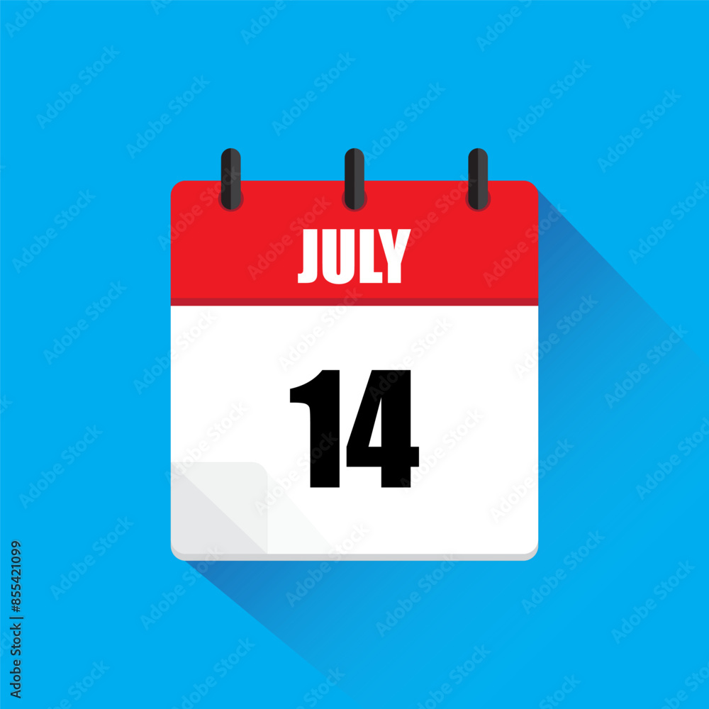 Calendar page icon. July fourteenth. Red and white design. Blue background.