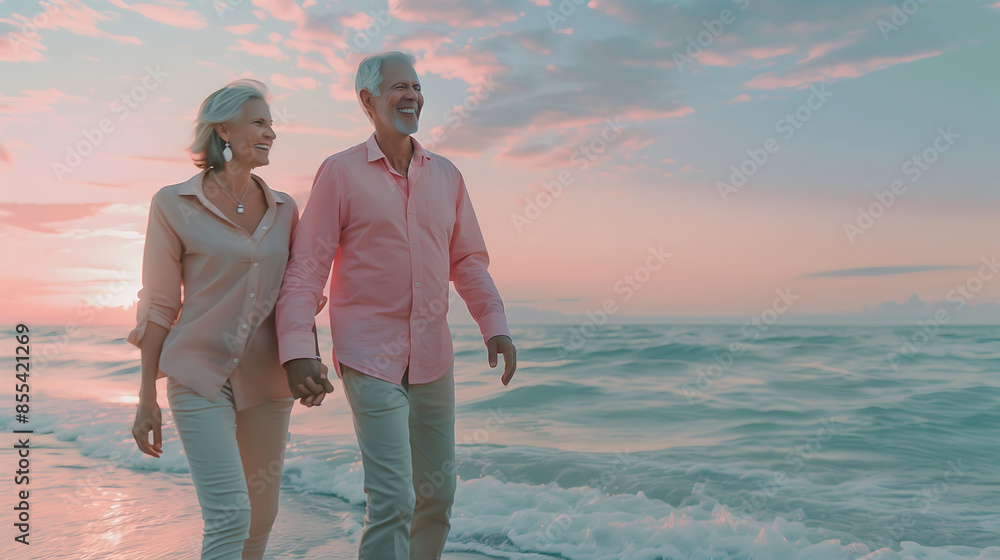 Fototapeta premium A senior couple enjoying summer vacation by the sea, celebrating their wedding anniversary. Pensioners spending a romantic summer, exploring new places & traveling. Concept of traveling in retirement.