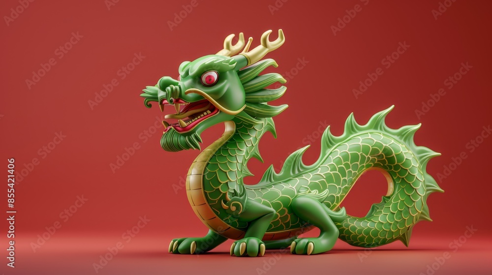 Fototapeta premium Green Chinese Dragon with Red Background Generative AI
