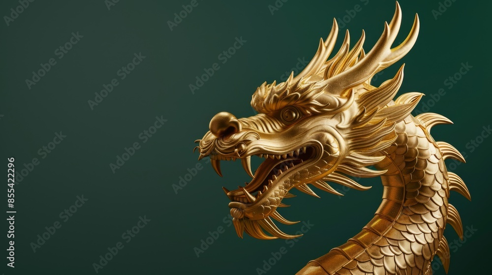 Obraz premium Golden Dragon Statue on Green Background, Generative AI