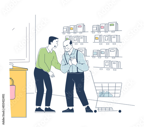 Elderly man with heart pain concept. Pensioner suffer from heartache and heart attack. Cardiac distress. Help to needy human in shop. Linear flat vector illustration isolated on white background