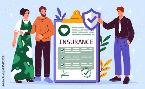Insurance agent concept. Man and couple stands near agreement. Family buy medical insurance for health care. Clients sign life insurance contract. Flat vector illustration