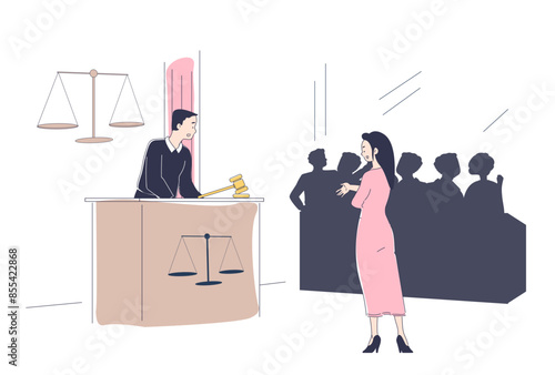 Judge in courthouse concept. Lawyer with justice in court. Judgment and legistation. People with legal support and defence, jurisprudence. Linear flat vector illustration isolated on white background