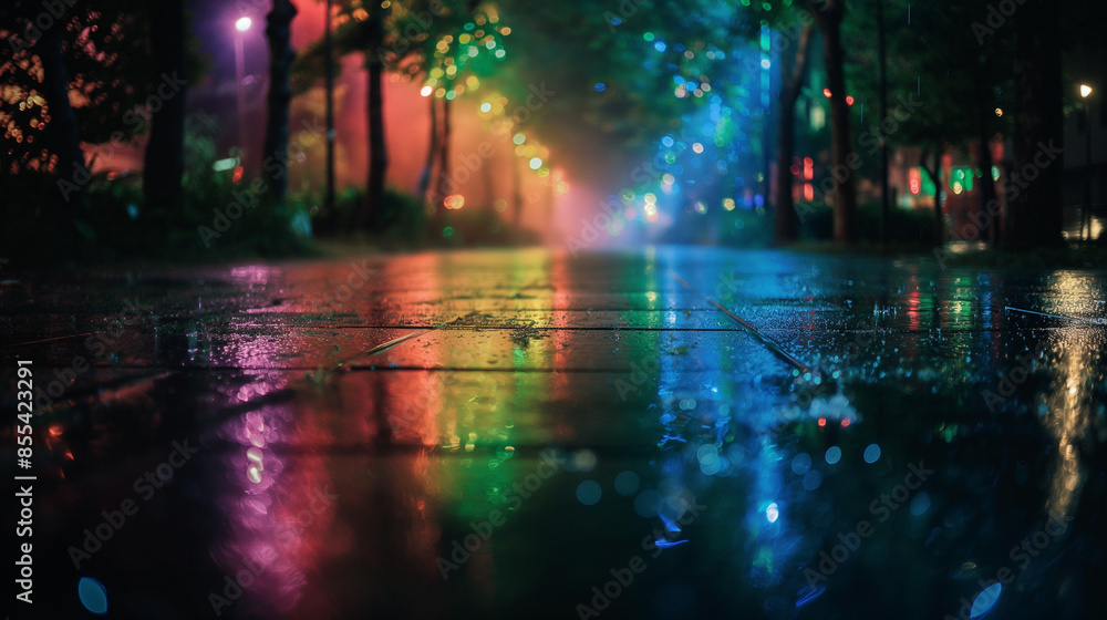 Photograph of the luminous rainbow park on black background, very small and blurry in center of frame, textured and grainy Photograph of the luminous rainbow park on black background, very small and blurry in center of frame, textured and grainy