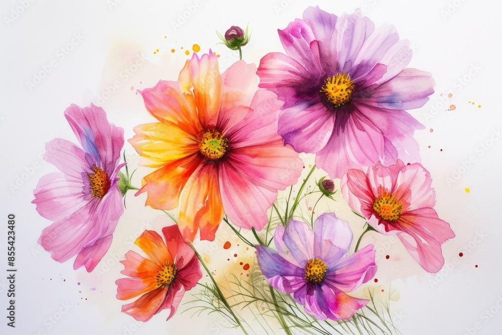 a painting of flowers on a white background, Illustrate a bunch of watercolor cosmos flowers a painting of flowers on a white background, Illustrate a bunch of watercolor cosmos flowers