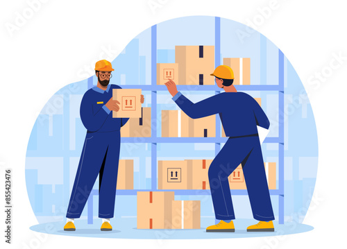 Loadmans at warehouse. Two men with cardboarsd parcels and packages. Distribution, logistics and shipping, transportation. Inventory in shop or store. Cartoon flat vector illustration