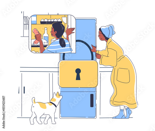 Locked refrigerator. Woman with proper diet and nutrition. Person at night near fridge. Woman Stops Food Eating in Evening for weight loss. Linear flat vector illustration isolated on white background