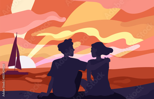 Lovers admire sunset concept. Man and woman sits at beach and watch at sunrise. Romantic meeting and date outdoors. Couple and pair with travel in tropical country. Cartoon flat vector illustration