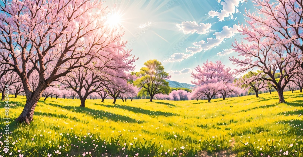 Obraz premium sakura cherry blossom trees blooming in sunny park meadow tree orchard. nature landscape tree and mountain template background. 