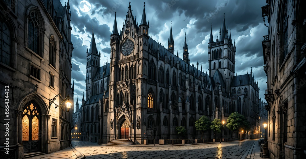 Fototapeta premium gothic castle palace city building at night. medieval goth tower buildings architecture on town street. fantasy dystopian background.