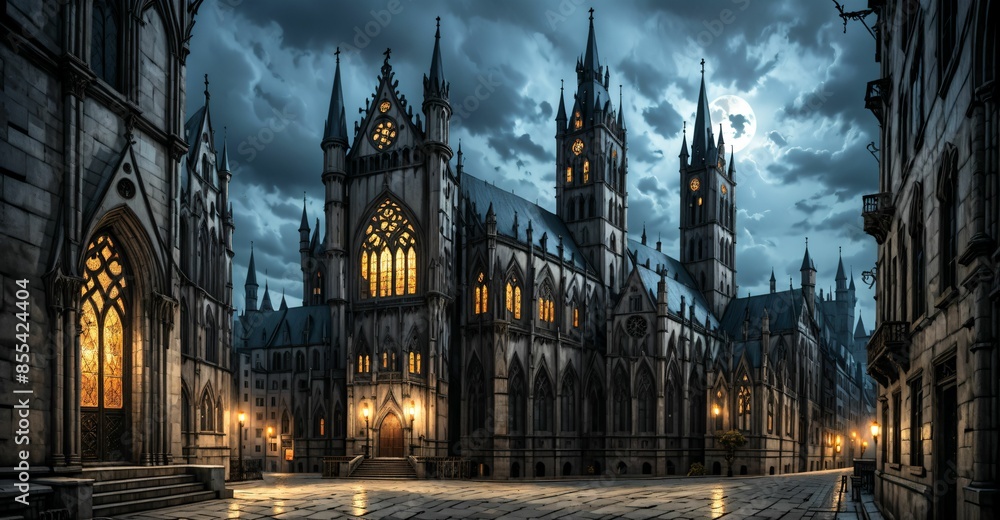 Fototapeta premium gothic castle palace city building at night. medieval goth tower buildings architecture on town street. fantasy dystopian background.