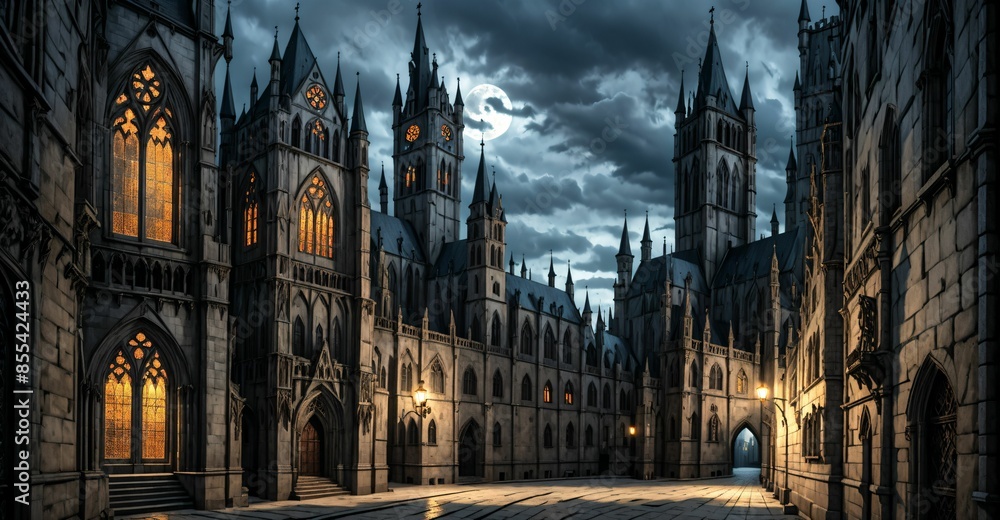 Fototapeta premium gothic castle palace city building at night. medieval goth tower buildings architecture on town street. fantasy dystopian background.