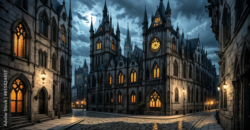 Fototapeta premium gothic castle palace city building at night. medieval goth tower buildings architecture on town street. fantasy dystopian background.