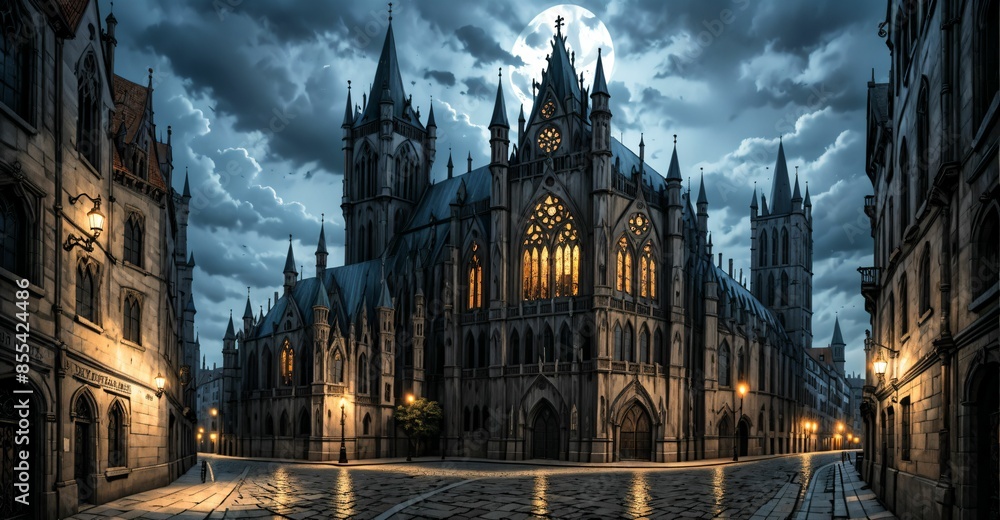 Fototapeta premium gothic castle palace city building at night. medieval goth tower buildings architecture on town street. fantasy dystopian background.