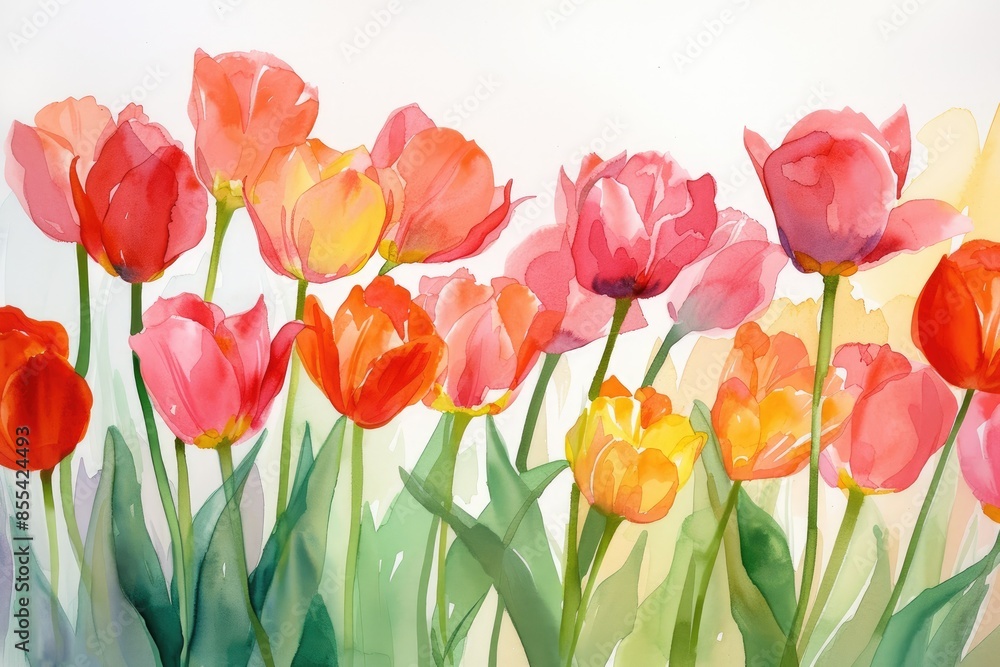 a painting of a row of tulips with leaves, Illustrate a watercolor arrangement featuring tulips a painting of a row of tulips with leaves, Illustrate a watercolor arrangement featuring tulips