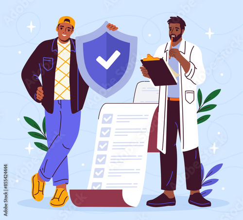 Medical insurance concept. Man near doctor in medical uniform with agreement and contract. Clinic services spendings coverage. Health care and medicine, treatment. Cartoon flat vector illustration