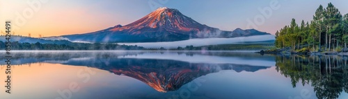 A mountain range is reflected in the water of a lake
